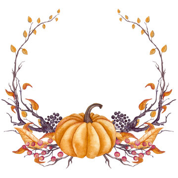 Wreath with Watercolor Pumpkin, Tree Branches and Berries