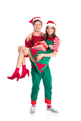 man holding girlfriend with present
