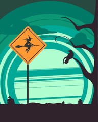 Halloween holiday background. Flying witch silhouette with broomstick on warning yellow road sign. Cemetery view at night