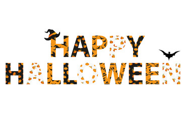 Happy Halloween lettering. Vector. Words for invitations to a party or a birthday greeting card.  Witch hat pattern and a bat