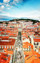 Obraz premium Saint George's Castle and Lisbon old town from Santa Justa mirador, Portugal, retro toned