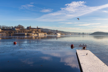 Akershus Fortress in Oslo, Norway. View from the Aker Brygge Marina. Oslo, Norway.