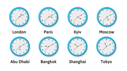 Time Zone Wall Clocks Illustration. International time. Clocks displaying several time zones.