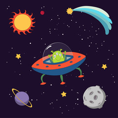 Hand drawn colorful vector illustration of a cute funny alien in a flying saucer in outer space, on a dark background with stars and planets.