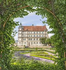 View of Palace of Güstrow (Germany) throu pergola