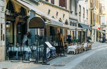 A restaurant in the fashionable Milan, Italy district of Brera at aperitivo time