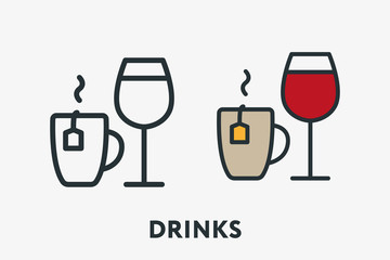 Drinks Concept. Tea Bag Cup Mug and Glass of Red Wine Minimal Flat Line Outline Colorful and Stroke Icon Pictogram