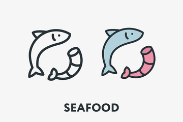 Seafood Marine Concept. Fish and Shrimp Prawn Minimal Flat Line Outline Colorful and Stroke Icon Pictogram