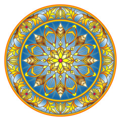 Illustration in stained glass style, round mirror image with floral ornaments and swirls