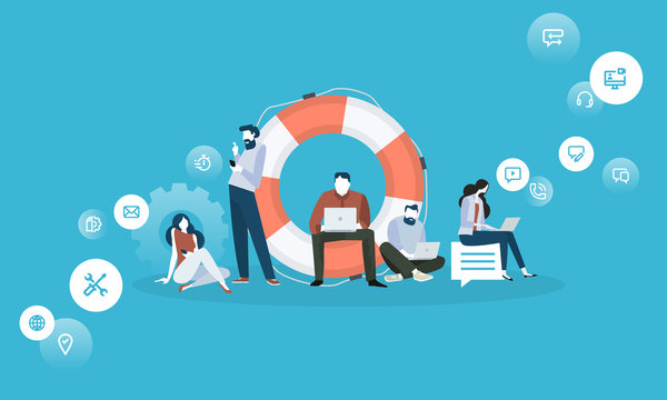 Technical support. Flat design business people concept. Vector illustration for web banner, business presentation, advertising material.