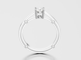 3D illustration white gold or silver decorative solitaire engagement diamond ring with shadow and reflection