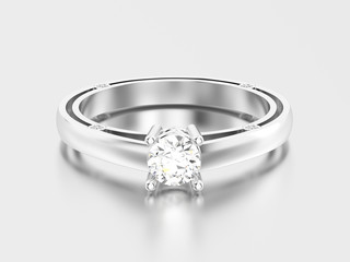 3D illustration white gold or silver decorative solitaire engagement diamond ring with shadow and reflection