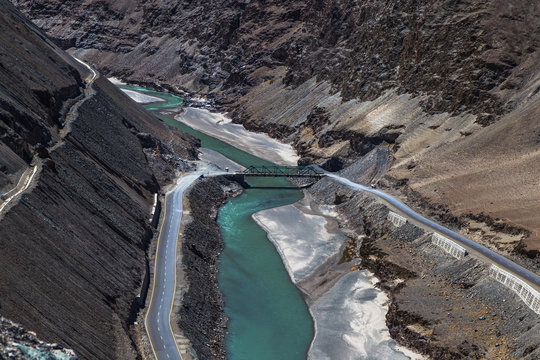 View of Indus River at Alchi village in summer time, India.