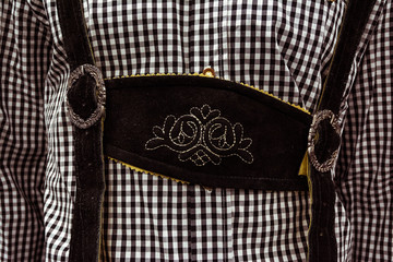 Traditional German Lederhosen Center Chestpiece Closeup Leather Plaid Dress Black White