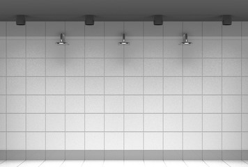 3d rendering. shower head and white tile wall background