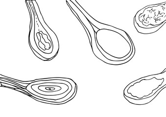 Spoons with spices and condiments. Hand drawn artistic sketch black and white background.