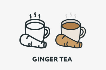 Hot Tea Mug Cup with Ginger Root Minimal Flat Line Outline Colorful and Stroke Icon Pictogram