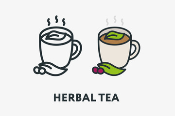 Hot Herbal Tea Mug Cup with Berries and Leaf Minimal Flat Line Outline Colorful and Stroke Icon Pictogram