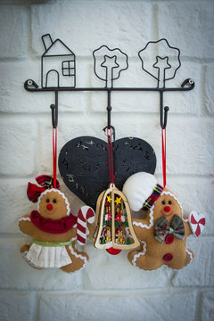 chismas dolls on wall background , Christmas carnival , Every house will have ornamental dolls.
