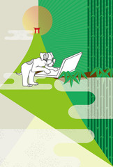 パソコンでネットをする犬のイラストカード