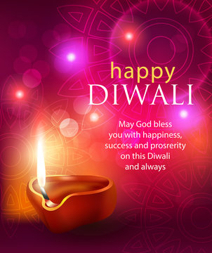 Happy Diwali background with diya and greeting. Vector illustration. 