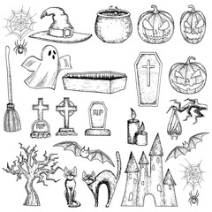 Set of Halloween icons for decoration. Scary Halloween sketch illustration. Vector © DruZhi Art