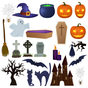 Set of Halloween icons for decoration. Colorful scary Halloween illustration. Vector