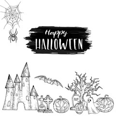 Set of Halloween icons for decoration. Scary Halloween sketch illustration. Vector