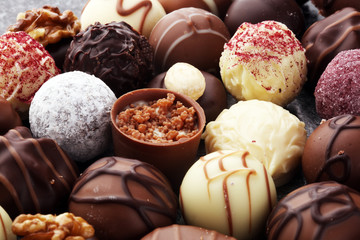 a lot of variety chocolate pralines, belgian confectionery gourmet chocolate