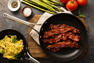Cooked bacon on a skillet