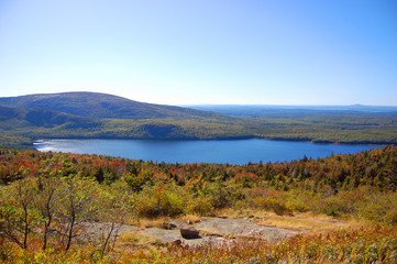 Bubble Pond of Acadia National Park panorama, Cadillac Summit, Maine, USA.