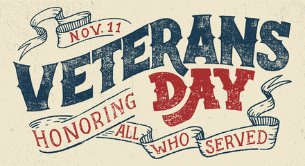 Veterans day, Honoring all who served. Hand lettering greeting card with textured handcrafted letters and background in retro style. Hand-drawn vintage typography illustration - obrazy, fototapety, plakaty