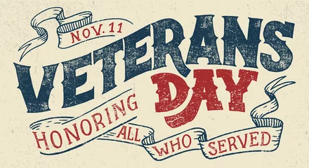 Veteranentag, zu Ehren aller, die gedient haben. Handbeschriftungs-Grußkarte mit strukturierten handgefertigten Buchstaben und Hintergrund im Retro-Stil. Handgezeichnete Vintage-Typografie-Illustration © Paul Lesser