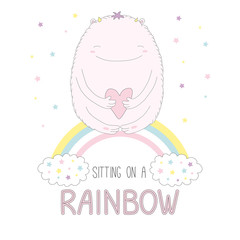 Hand drawn vector illustration of a cute funny big smiling monster, holding a heart, sitting on a rainbow, with text.