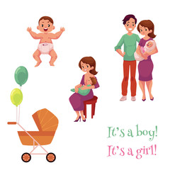 Newborn baby set, happy parents and carriage, cartoon vector illustration isolated on white background. Newborn boy, girl, mother breast feeding her child, happy young parents, birth celebration