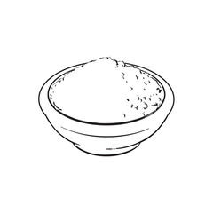 Black and white contour drawing, vector sketch cartoon hand drawn ceramic bowl of mathca tea powder top view. Isolated illustration on a white background. Traditional tea ceremony attribute, symbol