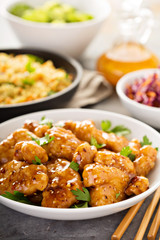 Spicy sweet and sour chicken with rice and cabbage