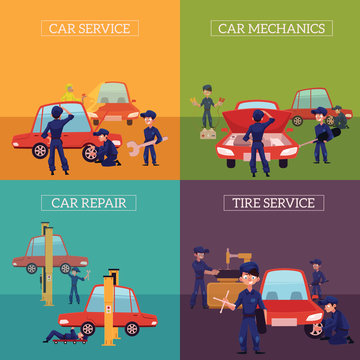 Set of square banners with auto mechanics, car service workers fixing, repairing, servicing cars, cartoon vector illustration. Auto mechanics repairing, cleaning, servicing, fixing, painting a car