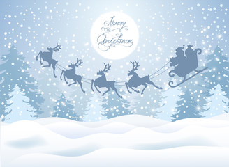 Christmas card with Santa Claus in sleigh with reindeer team flying in the sky against winter forest background