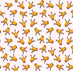 Childish prince princess crowns doodle seamless vector pattern