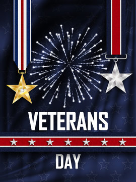 Veteran's Day. Congratulations on the veteran's day in the United states of America. Golden and Silver star on the ribbon. Wavy fabric with stars. Festive fireworks. Vector illustration.