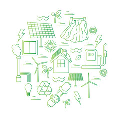  Vector set of simple eco related line icons. Contains icons for different types of electricity generation: wind generators, solar panels, biofuel, hydropower, thermal energy. Print or infographics