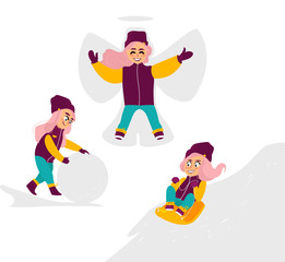 vector girl making big snowball, girl ridinge a sledge, girl lying in snow making snow angel set. Flat cartoon illustration isolated on a white background. Winter children activity concept