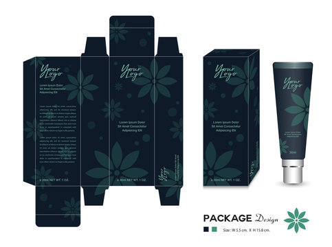 Cosmetic Packaging Template, Dark blue layout, Beauty packaging design vector, Box design, 3d box mock up, label design, 3d box realistic mock-up, cream buttle realistic, flower concpet background