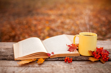 Yellow tea mug with warm scarf open book and apple