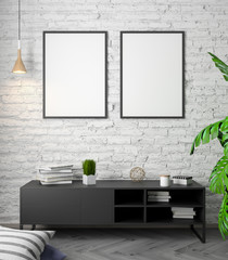 Mockup Poster in the interior, 3D illustration of a modern design, white brick wall