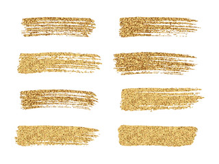 Fototapeta na wymiar Vector gold paint smear stroke stain set. Abstract gold glittering textured art illustration.