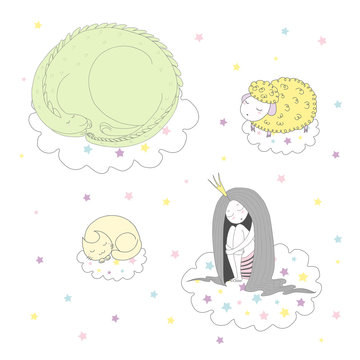 Hand drawn vector illustration of a cute funny curled up dragon, cat, sheep and princess floating on clouds among stars, sleeping.