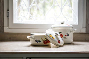 Vintage cooking pot on the kitchen table