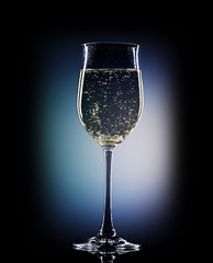 Glass of champagne against the background of blue light.